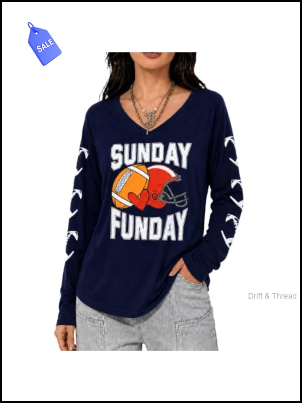 Women's Sunday Funday Football V Neck Long Sleeve Graphic Tee